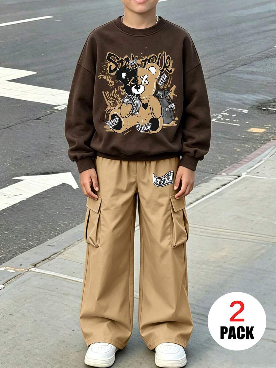 Boys 2pcs/Set, Colorblock Bear Round Neck Long Sleeve Sweatshirt With Cargo Pants, Soft Fabric Casual Outfit - Multicolor - View 1