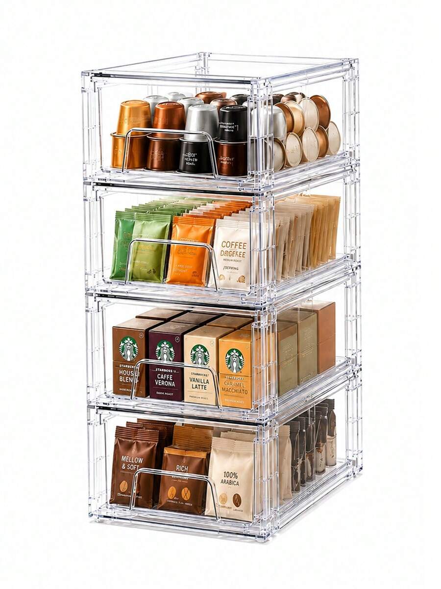 4pcs Transparent Stackable Drawer Storage Boxes, Clear Pull-Out Organizer Bins, Suitable For Cosmetics, Bathroom Vanity, Desk, Kitchen Cabinet, Office - Clear - View 1