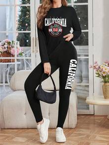 Women's 2-Piece Set Autumn/Winter American California Letter Print Long Sleeve Crew Neck Top And Slim Fit Long Pants, Perfect For Home Leisure, Yoga And Sports Wear - Black - View 2