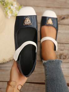 Leopard Head Metal Buckle Navy Blue Shiny White Patchwork Square Toe Mary Jane Slip-On Hook And Loop Shallow Cut Women's Shoes, Suitable For Daily Commute Versatile Shoes, All-Season Comfortable Handmade Shoes, Elegant Slip-On Work Loafers, Mary Jane Ballet Shoes - Navy Blue - View 4