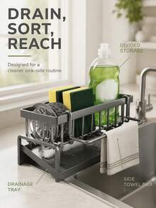 1pc Carbon Steel Kitchen Storage Rack, Can Hold Sink Faucet Sponge Drain Basket, Kitchen Organizer Shelf And Detergent Steel Wool, Can Hang Cleaning Cloth And Store Cleaning Supplies, Kitchen Accessories - Multicolor - View 3