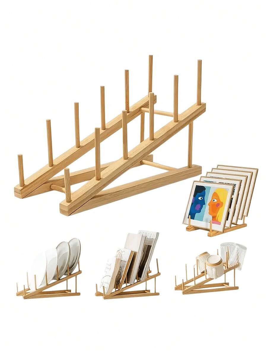 Bamboo Dish Rack, Suitable For Kitchen Storage Cabinets, Convenient For Organizing Bowls, Plates, Cups, Pot Lids And Cutting Boards, Bamboo Dish Drying Rack