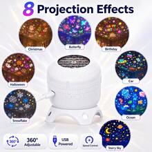 Upgraded 8-In-1 Theme Projection Night Light, Multi-Scene Patterns, USB Powered Rotating Projection Lamp, 360° Adjustable Angle, Creates Dreamy Light And Shadow Effects, Suitable For Baby Room, Birthday, Holiday Party, Wall And Ceiling Decoration - 8-in-1 - View 1