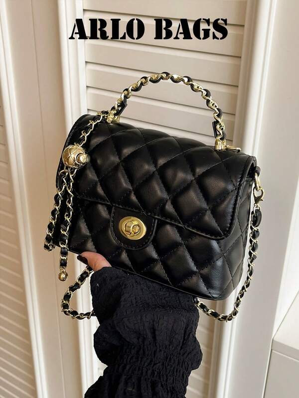 Schwarze gesteppte Mini-Handtasche mit Rautenmuster, goldfarbene Kettenschulterriemen, drehbares Schloss, Klappe, Umhängetasche, elegante kleine Handtasche, geeignet für Partys und Dates