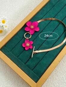 1pc Women's Fashion Floral Pendant Anklet, Gold Metal Snake Chain Foot Jewelry Suitable For Beach, Party, Daily Wear - Hot Pink - View 6
