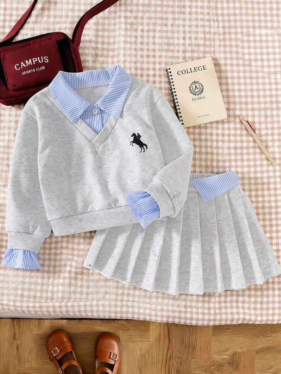 Girls' 2-Piece Set With 2 In 1 Shirt Collar Sweatshirt And Pleated Skirt, Spring/Autumn Children's Academy Style - Light Grey - View 1