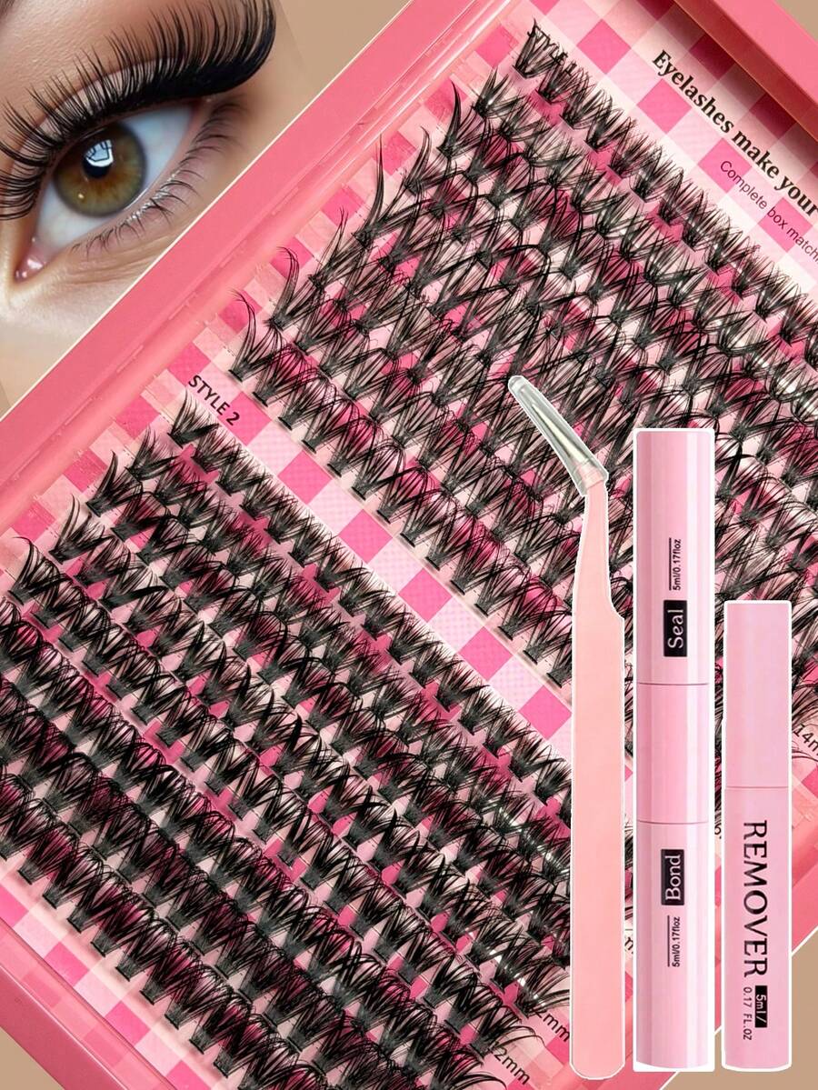 320pcs D-Curl Cluster False Eyelashes Set, Includes Glue, Remover And Tweezers. Suitable For Beginners DIY. Mixed 30D/40D, Long Curly And Soft. Suitable For Daily, Travel, Party And Holiday. - Black - View 1