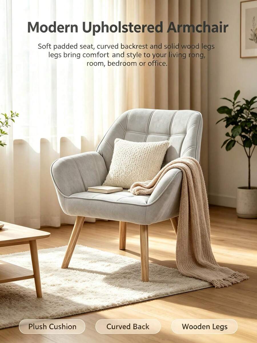 Modern Accent Armchair With Button Tufted Back & Wide Arms, Solid Wood Frame And Soft Grey Fabric, Comfortable Reading Chair For Living Room, Bedroom, Office-Grey - Grey - View 1
