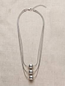 1pc Fashionable Exquisite 3-Layer Flat Snake Chain Ball Layered Collarbone Necklace, Suitable For Women's Daily Wear, Holiday Gift And Birthday Gift - Silver - Round Snake Chain - View 4