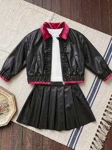 Girls' Autumn/Winter Vintage Jacket Set With Lapel Lace Design Zipper Long Sleeve Jacket + Solid Color Pleated Skirt 2-Piece Set - Black - View 3
