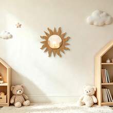 1Pc Sun Shape Wooden Frame Acrylic Mirror Wall Sticker, Boho Decorative Mirror Wall Decal For Living Room Bedroom Bathroom Home Wall Art Decor - Brown - View 11