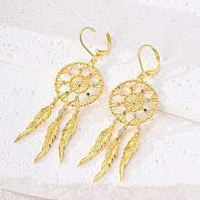 1 Pair Women's Hoop Earrings, 18K Gold Plated Dreamcatcher Feather Earrings, 925 Sterling Silver Inlaid With Colorful Cubic Zirconia, Elegant Jewelry Gift - Gold - View 2