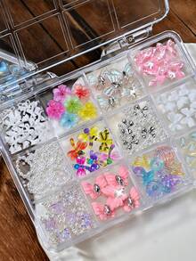 12格混色3D美甲飾品套組，樹脂蝴蝶結蝴蝶花朵愛心美甲水鑽珍珠，可愛多色美甲藝術裝飾DIY美甲用品 - 彩色 - 查看 3