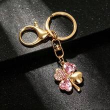 1件女款時尚優雅四葉花鑰匙圈，鑲鑽設計，精緻禮品包飾吊飾汽車鑰匙掛件 - 粉色 - 查看 3