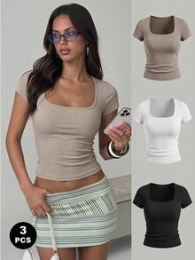 Women's Solid Color Pleated Casual Versatile Daily Outing T-Shirt - Cream - View 1