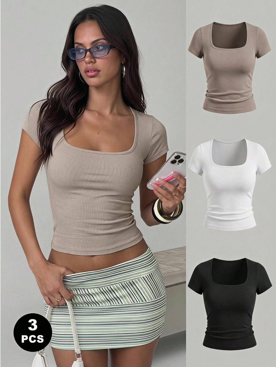 Women's Solid Color Pleated Casual Versatile Daily Outing T-Shirt - Cream - View 1