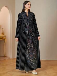Warm Winter Velvet Muslim Abaya V-Neck Stand Neck Floral Applique Moroccan Kaftan Ladies Formal Dress - Black - View 5
