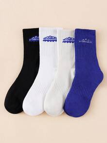 4 Pairs Random Men's Socks, Mountain Peak & Letter Embroidery Mid-Calf Socks, Solid Color Unisex Vertical Stripe Outdoor Casual Sports Socks - Multicolor - View 7