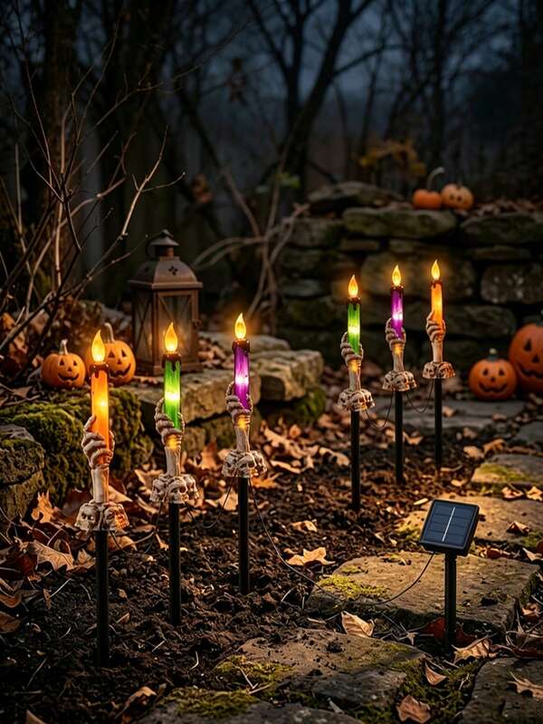 3pcs/1pc Solar Powered Skeleton Hand Ground Stake Candle Light, Flameless Flickering LED Ground Light, Waterproof Outdoor Halloween Decoration, Suitable For Yard, Pathway, Porch, Family Party Atmosphere