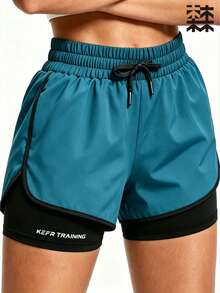 mulinsen Women's Casual Versatile Solid Color Loose Shorts, Summer Sports 2 In 1 Running Fitness Training Shorts - Lake Blue - View 3