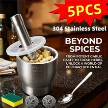 5-Piece 304 Stainless Steel Garlic Press & Mortar And Pestle Set, Manual Garlic Mincer Crusher, Food Spice Grinder, Pill Medicine Grinder, Heavy-Duty Mashing Tool For Kitchen - Silver - View 2