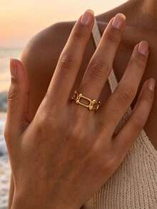 Minimalist European & American Vintage Style Luxury Double-Layer Chain Open Gold Ring, Exquisite Hollow Pig Nose Design, Adjustable Size, Suitable For Daily Wear And Layering, Niche High-End Women's Jewelry, Versatile For Commuting And Travel, Perfect For Personal Use Or Gifting - U-shaped Ring - View 4