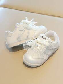 Girls' Lace Rhinestone Bow White Sneakers, 2026 New Soft Sole Hook & Loop Princess Style Casual Training Board Shoes - Beige - View 4