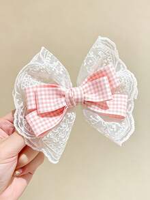 1pc Cute Lace Bow Hair Clips For Kids Girls Pink Plaid Ribbon Barrettes Sweet Hair Accessories Daily Decor - Multicolor - View 9