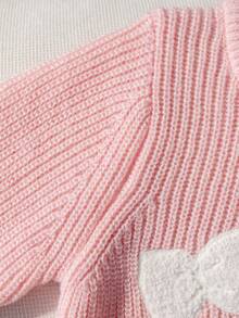 Girls' Sweet Round Neck Long Sleeve Knit Sweater With 3D Plush Bow Decor, Chunky Ribbed Texture, Casual Versatile Pullover For Daily Wear And School, Spring/Autumn/Winter - Pink - View 4