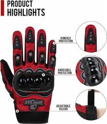 Guantes de motocicleta, rojos, estilo corto, hechos de cuero deportivo, modelo de verano, con funcionalidad de pantalla táctil.| Protección para los nudillos, tejido de malla transpirable, funcionalidad de pantalla táctil, palma antideslizante, correa de muñeca ajustable, dimensiones 23x11x5 cm. - A - Ver 6