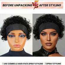 AMECIRE Headband Wig Wigs Human Hair Put On And Go Curly Wig Wigs Human Hair Short-Hair Wig Voluminous Style Suitable For Everyday Wear - Natural Black - View 4