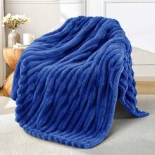 1pc Solid Color Striped Plaid Soft Wool Fleece Blanket Bedroom Room Decor All Season Use Sofa Throw - Navy Blue - View 7