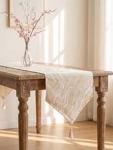 1pc Creamy Style Marble Texture Table Runner, Premium Beige Tassel Dining Table Cloth, Bed Runner For Home Decor - Beige - View 3