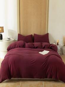 Blue And White Color Block Washed Polyester Skin-Friendly Duvet Cover 3 Pieces Set - Burgundy - View 3