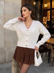 Women Autumn White V Neck Cable Knit Cardigan Gold Button Long Sleeve Loose Cropped Casual Going Out Tops - White - View 1