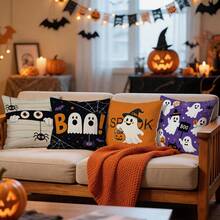 4pcs Cartoon Fun Halloween Pattern Single-Sided Printed Pillow Covers/Cushion Covers, Multi-Scene Atmosphere Decoration Pillow Covers Suitable For Living Room Sofa Bedroom, Without Pillow Insert, 40x40cm/45x45cm/50x50cm - Multicolor - View 8