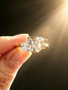 1pc 18K Gold Plated Luxury Diamond Ring, Vintage Bow, Square, Round, Heart, Teardrop Shape Rings, Suitable For Women And Girls Holiday, Party, Daily Wear, Jewelry Gift - Golden - View 6