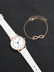 Jam Tangan Quartz Elegan Klasik dengan Tali Kulit PU untuk Wanita, Dial Kecil, + Gelang Simbol Tak Terhingga (4 buah/Set) Kotak Jam Tangan Tidak Termasuk - Emas - View 8