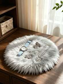 1pc Grey Long Plush Small Round Decorative Rug, Round Faux Fur Sheepskin Carpet, Fluffy Machine Washable Small Rug, Suitable For Nail Table, Makeup Display Decoration, Various Photo Props, Home Decor Minimalist Ins Style Decorative Rug, All Seasons - Grey - View 6