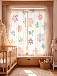 2pcs Cute Pink Floral Curtains With Privacy Protection Rod Design, Beautiful And Durable, Washable, Baby Shower Decoration, Room Decor, Baby Gift - Multicolor - View 2