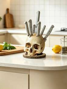 1pc Resin Skull Knife Holder Statue, Head Knife Storage Rack, Horror Style Desktop Decor Organizer, Suitable For Kitchen Utensils, Halloween Home Desktop Ornament - View 1
