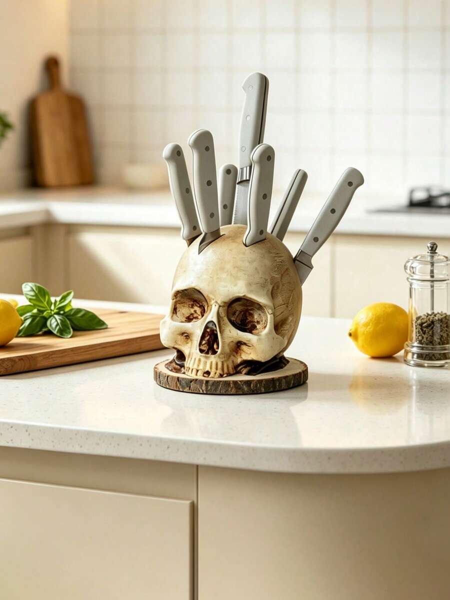 1pc Resin Skull Knife Holder Statue, Head Knife Storage Rack, Horror Style Desktop Decor Organizer, Suitable For Kitchen Utensils, Halloween Home Desktop Ornament - View 1
