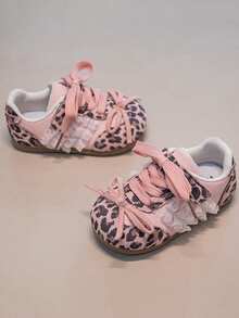 Vintage Leopard Print Patchwork Kids' Lace Trim Double Strap Princess Style Baby Soft Sole Functional Shoes - Pink - View 4