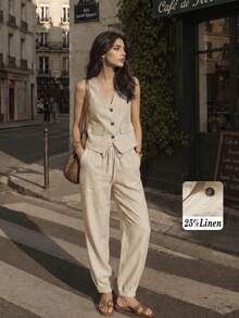 Women's Casual Linen Blazer Vest And Pants Set, Spring/Summer - Apricot - View 1
