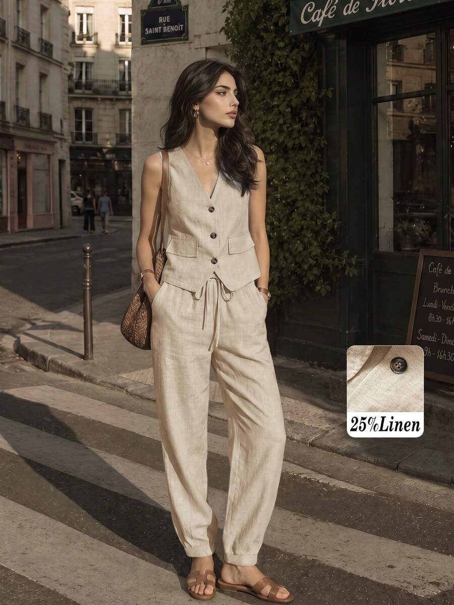 Women's Casual Linen Blazer Vest And Pants Set, Spring/Summer - Apricot - View 1