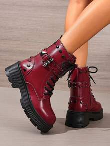 Women's Red Punk Studded Ankle Boots, Thick Sole Lace-Up Buckle Workwear Motorcycle Boots, Autumn/Winter - Burgundy - View 5