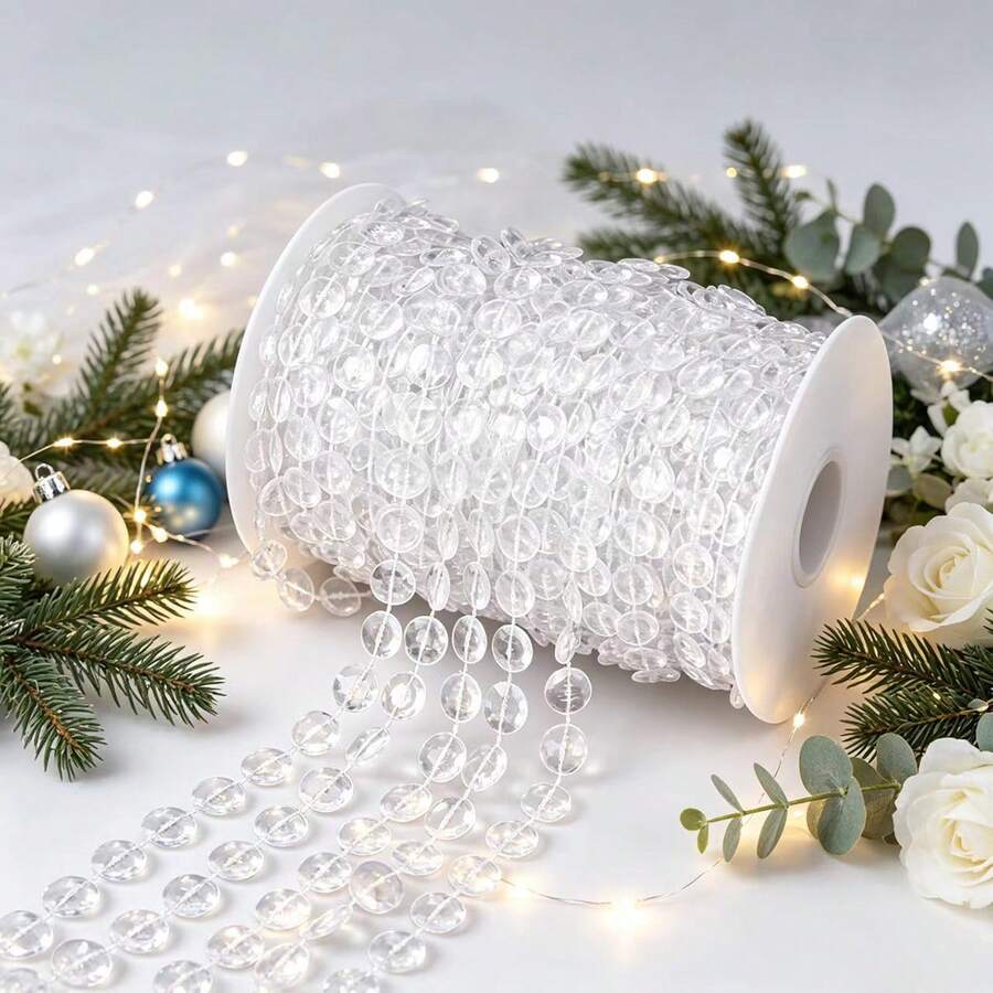 1 Roll/590 Inches/15 Meters Crystal Garland, Acrylic Transparent Crystal Beads, Diamond Shaped Crystal Garland For Christmas Tree Wedding Party Decoration, Bead Curtain DIY