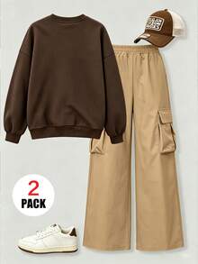 Boys 2pcs/Set, Colorblock Bear Round Neck Long Sleeve Sweatshirt With Cargo Pants, Soft Fabric Casual Outfit - Multicolor - View 3