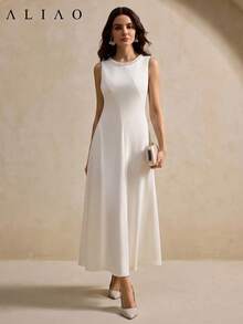 ALIAO Spring Summer Solid Color Dress, 3D Pearl Embellishment, Square Neck Sleeveless, Dinner Party Elegant - Apricot - View 6
