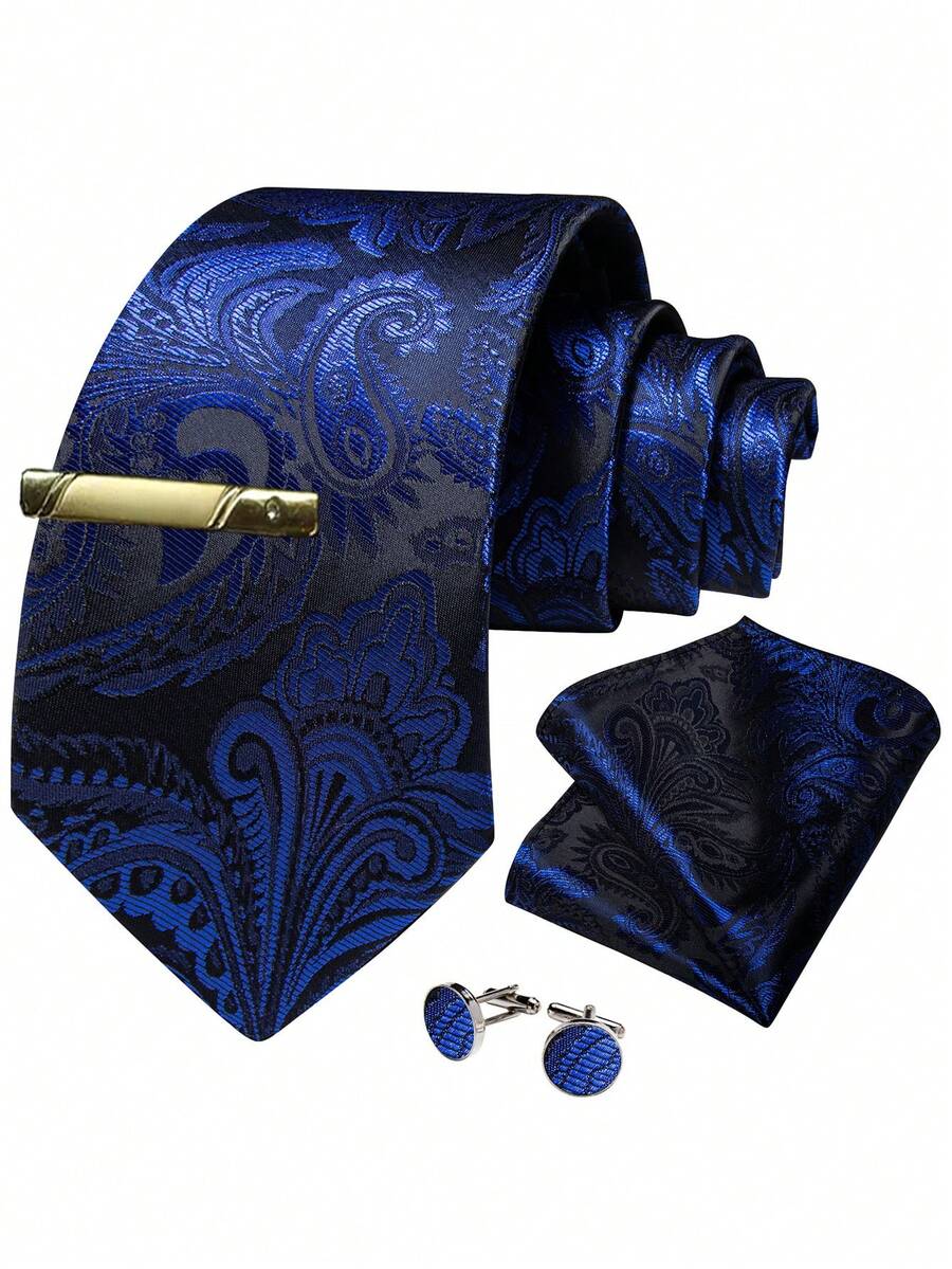 Paisley Navy Blue Necktie Pocket Square Cufflinks Tie Clip 4pcs Set For Mountain Wedding & Winter Ski Resort Annual Gala - Navy Blue - View 1